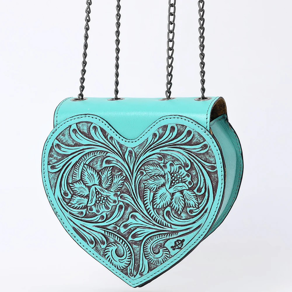 American Darling Heart-Shaped Hand-Tooled Leather Crossbody Canteen Bag with Chain Strap- turqouise