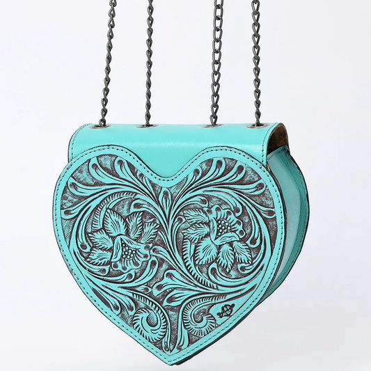 American Darling Heart-Shaped Hand-Tooled Leather Crossbody Canteen Bag with Chain Strap- turqouise