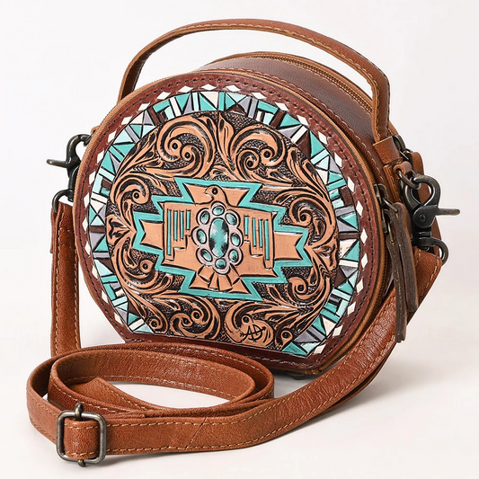 American Darling Western Genuine Leather Hand-Tooled Canteen Crossbody Bag with Buck-Stitched Detailing