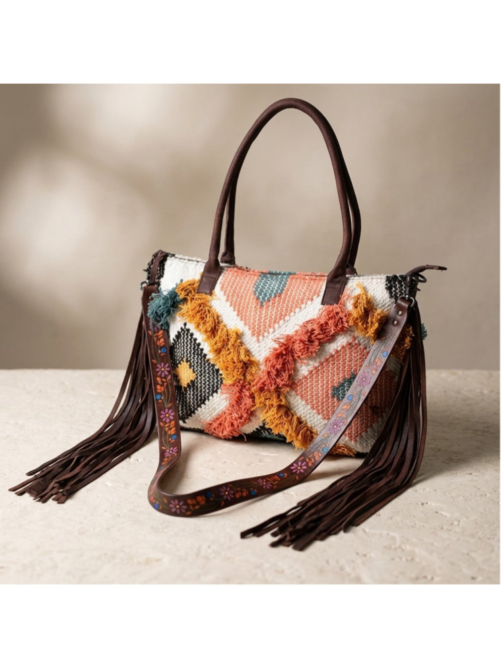 American Darling Sunrise and Dark Skys Boho Fringe Embroidered 4 in 1 Satchel