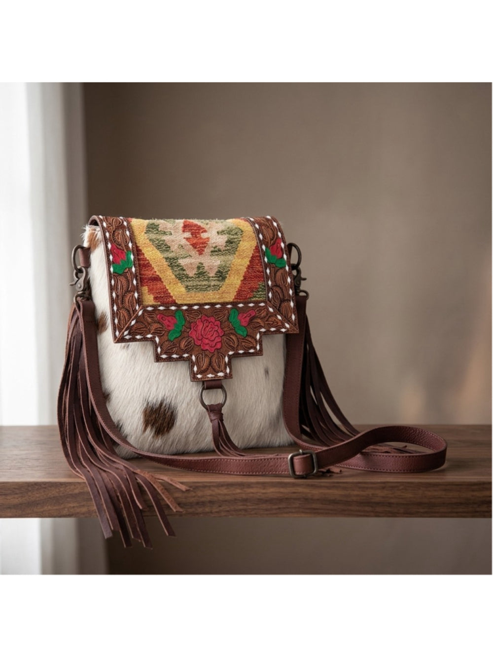 American Darling Boho Fringe Hair-On prickly Pear flower Crossbody Bag