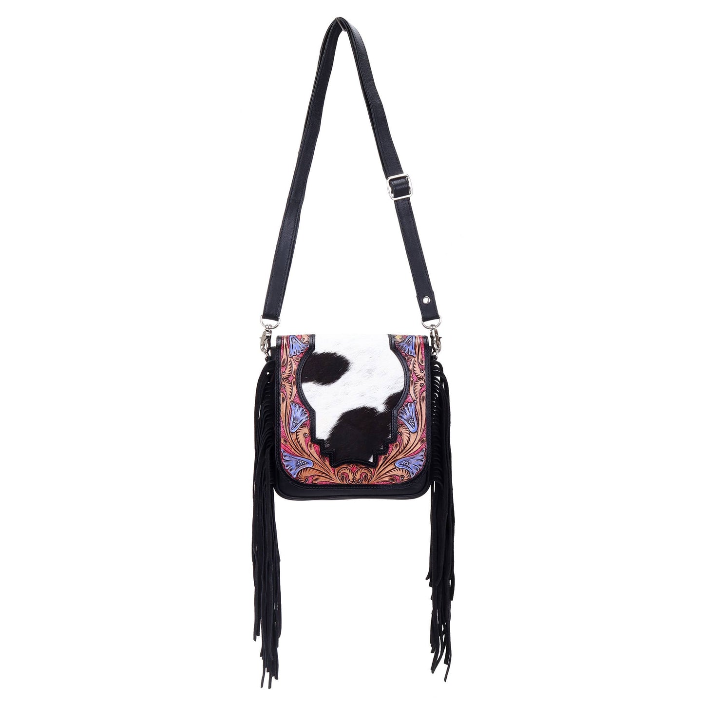Hummingbird Blooms Leather Tooled Fringed crossbody