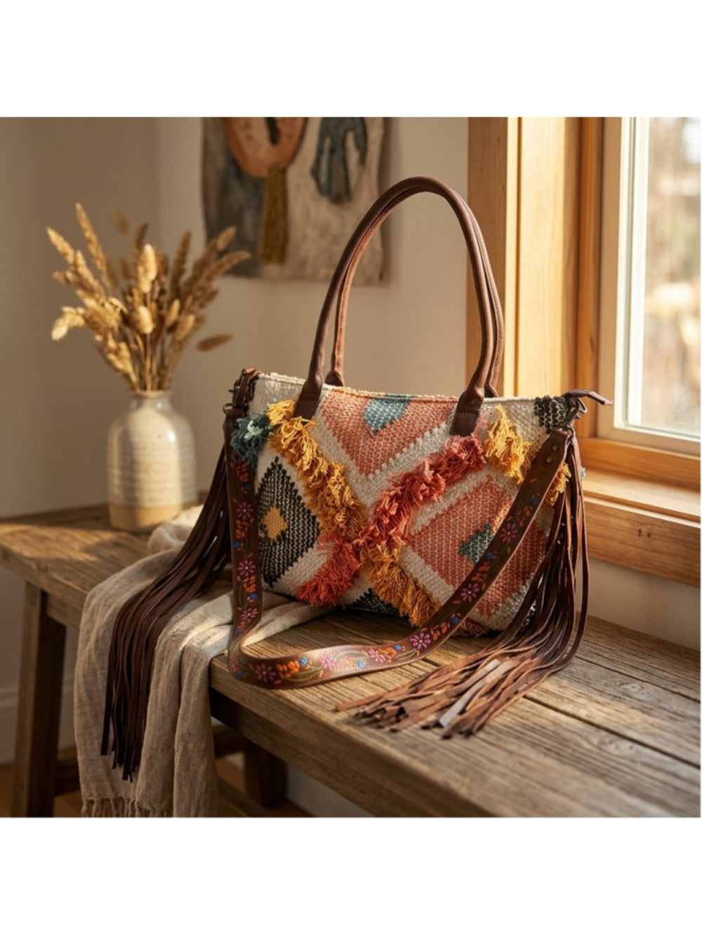 American Darling Sunrise and Dark Skys Boho Fringe Embroidered 4 in 1 Satchel
