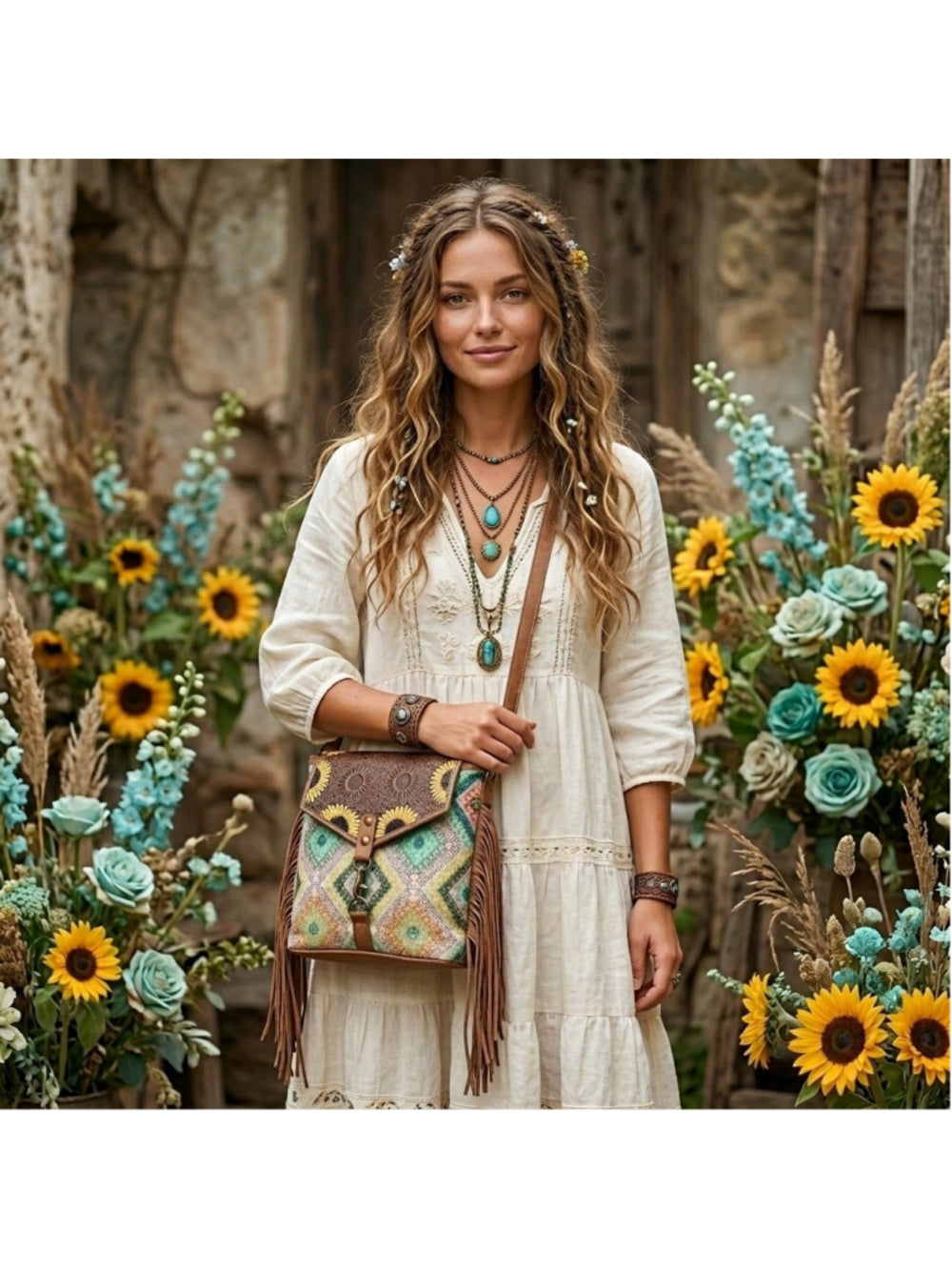 Ohlay by American Darling Sunflower Daydreams Fringe Crossbody teal and yellow