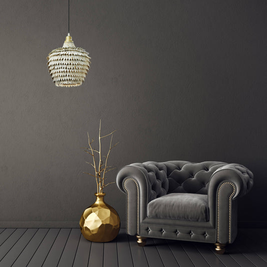 11.75"W 1-Light Moira White and Gold-Finish Metal Pendant