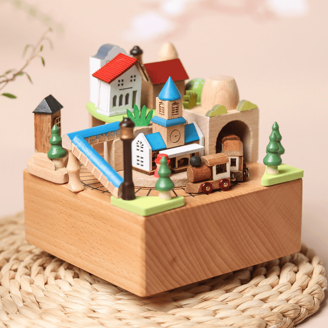 Handmade Wooden Music Box with rotating train