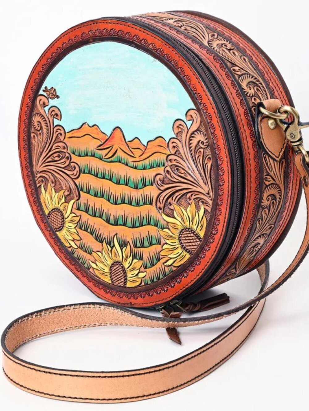 Sunset Sunflower Prairie Leather Canteen Crossbody