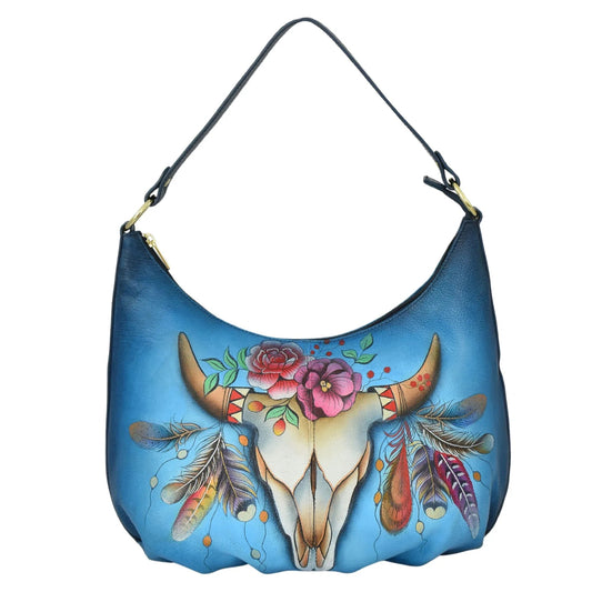 Anuschka Feather Longhorn Skull Denim Ruched Hobo - 7615