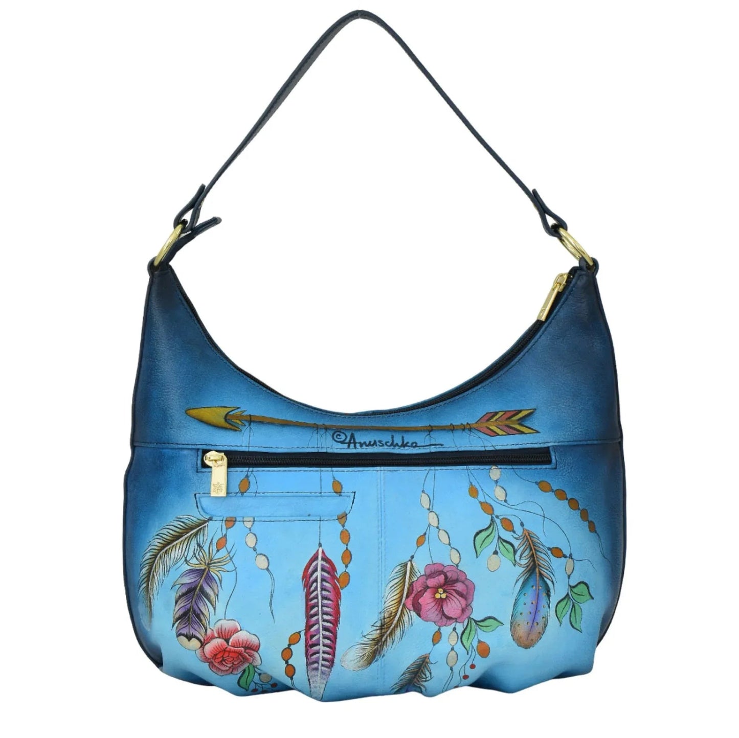 Anuschka Feather Longhorn Skull Denim Ruched Hobo - 7615