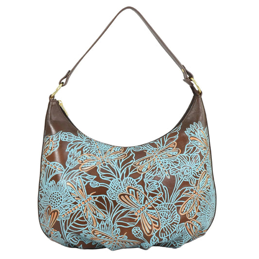 Anuschka Tooled Dragonfly Meadow Brown w/ Turquoise Ruched Hobo - 7615