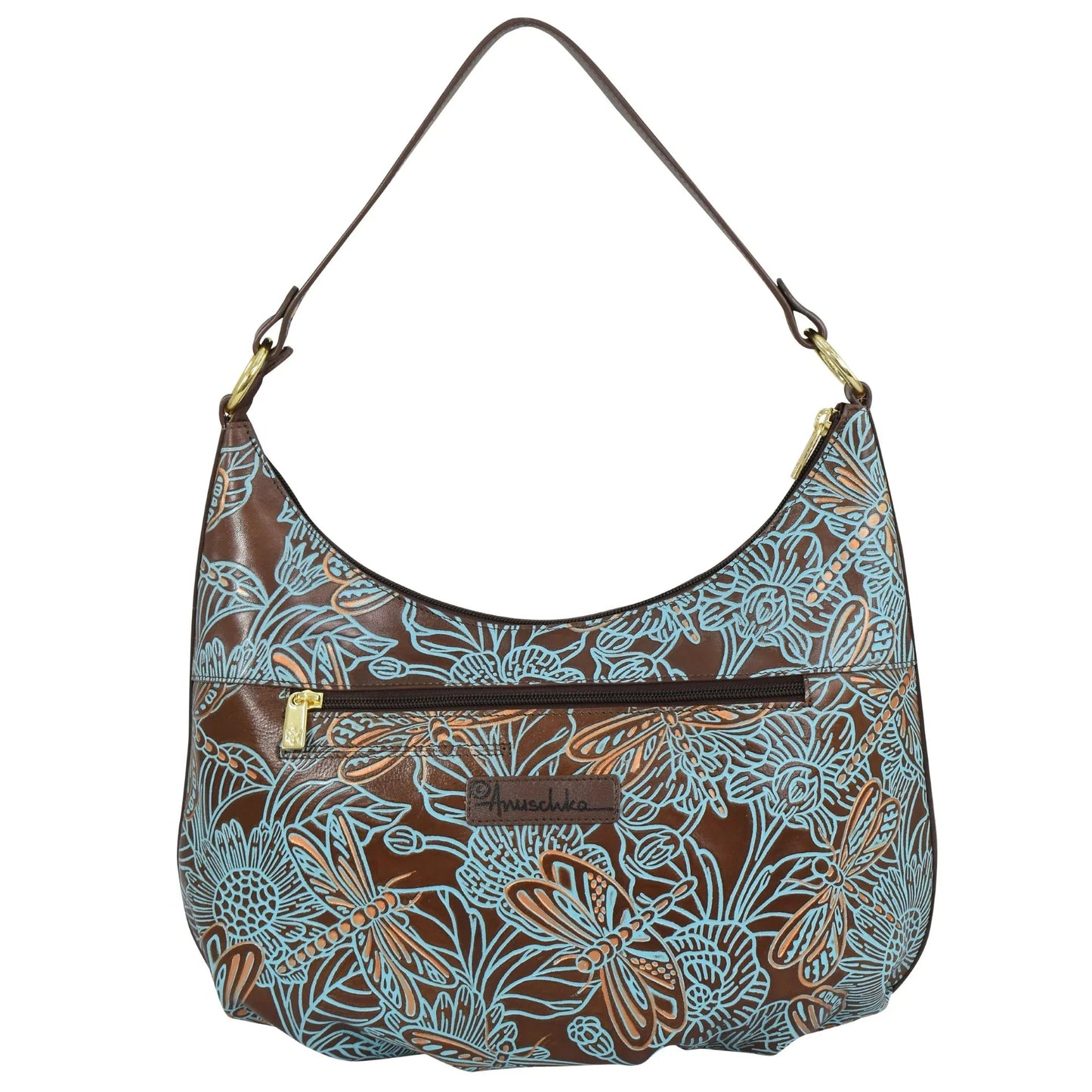 Anuschka Tooled Dragonfly Meadow Brown w/ Turquoise Ruched Hobo - 7615