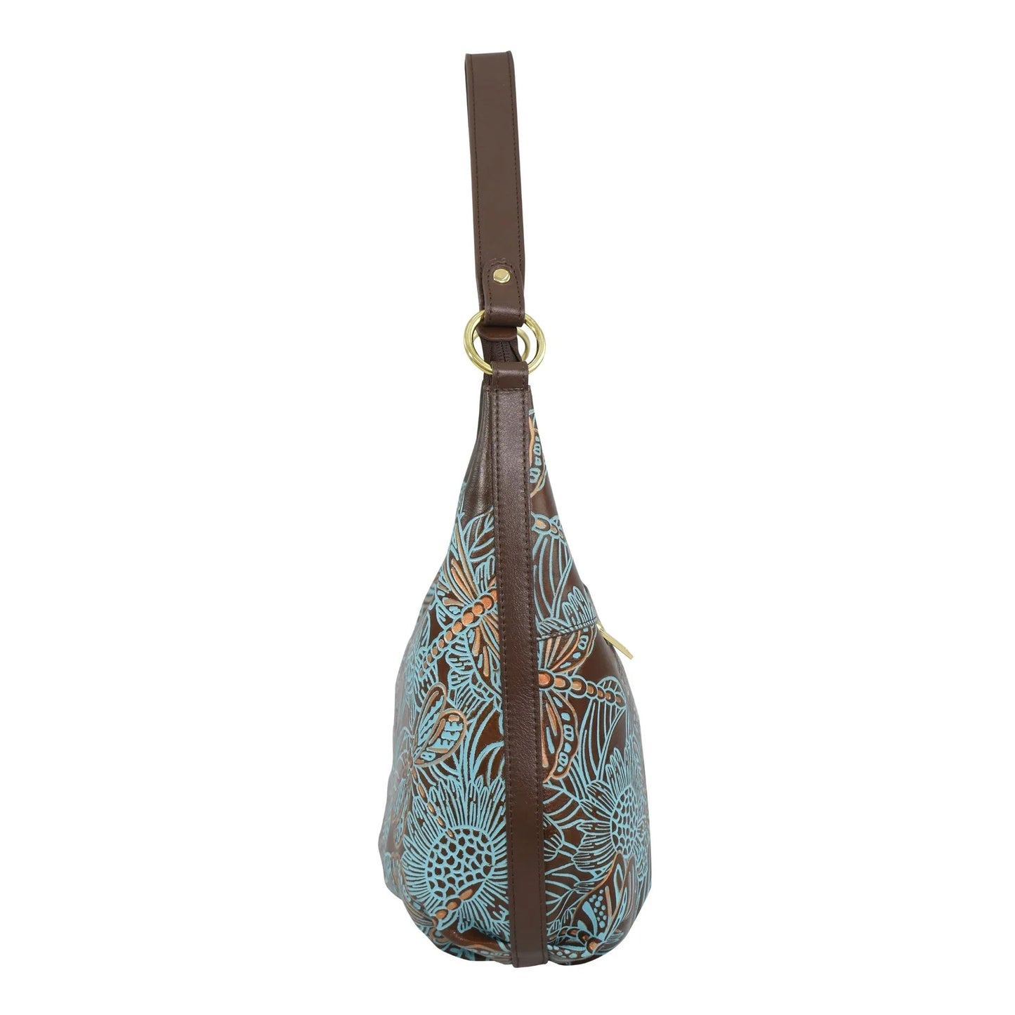 Anuschka Tooled Dragonfly Meadow Brown w/ Turquoise Ruched Hobo - 7615
