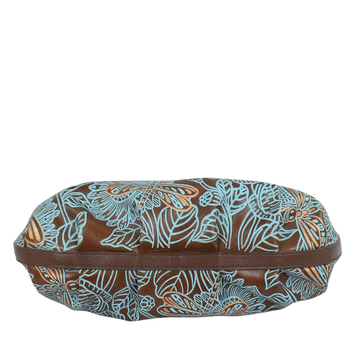 Anuschka Tooled Dragonfly Meadow Brown w/ Turquoise Ruched Hobo - 7615