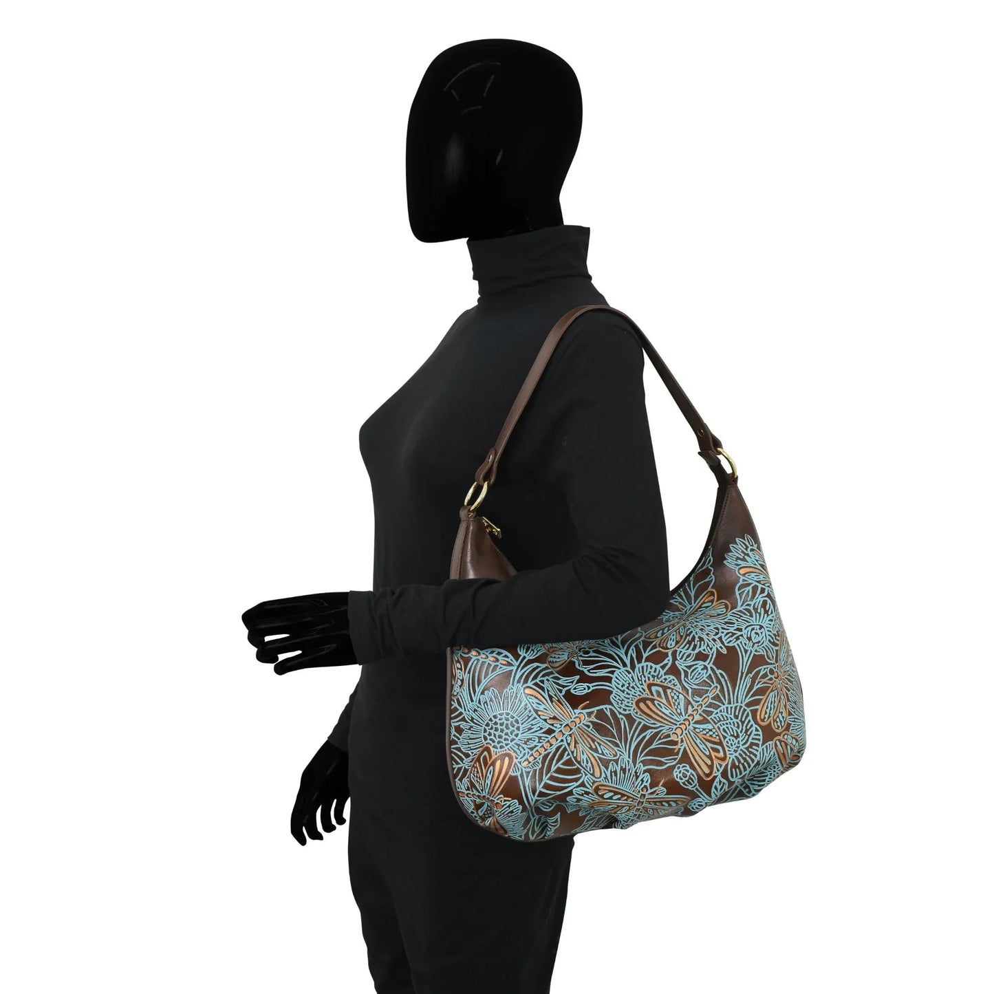 Anuschka Tooled Dragonfly Meadow Brown w/ Turquoise Ruched Hobo - 7615