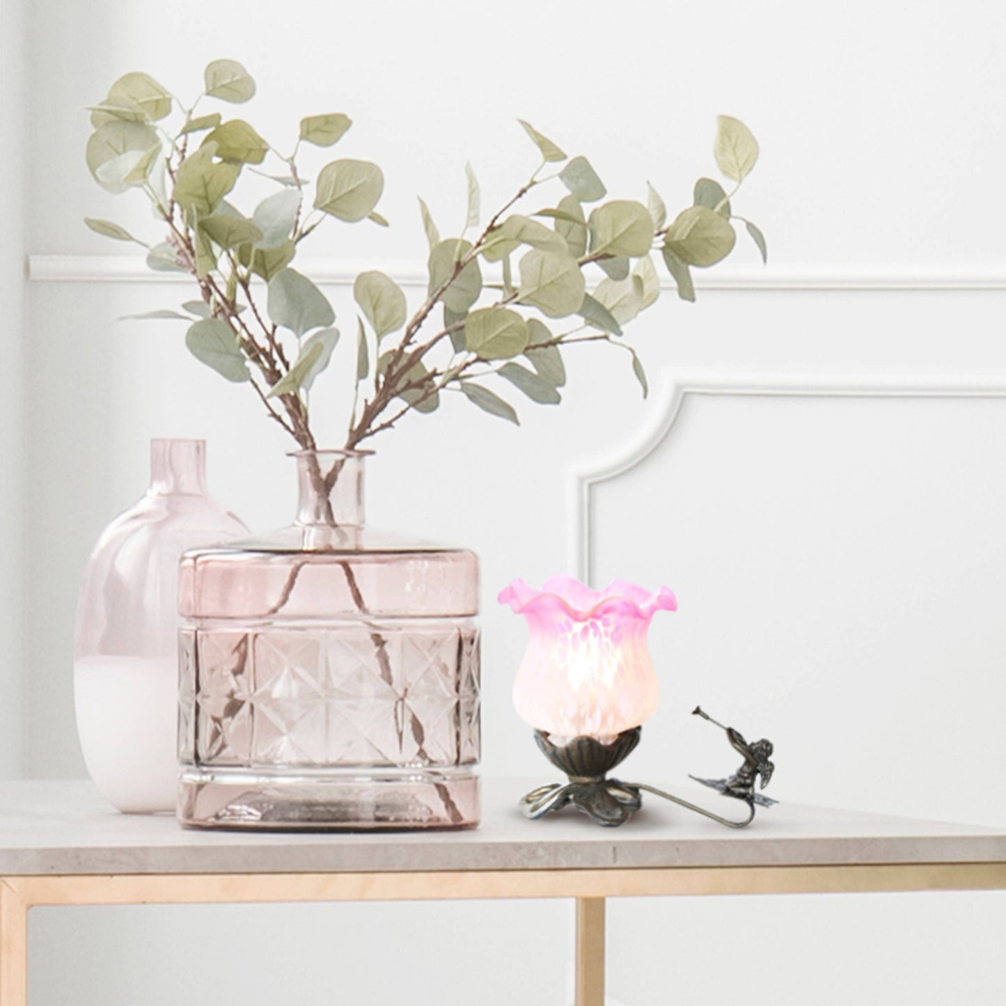 6"H Handpainted Frosted Glass Cherub Flower Accent Lamp