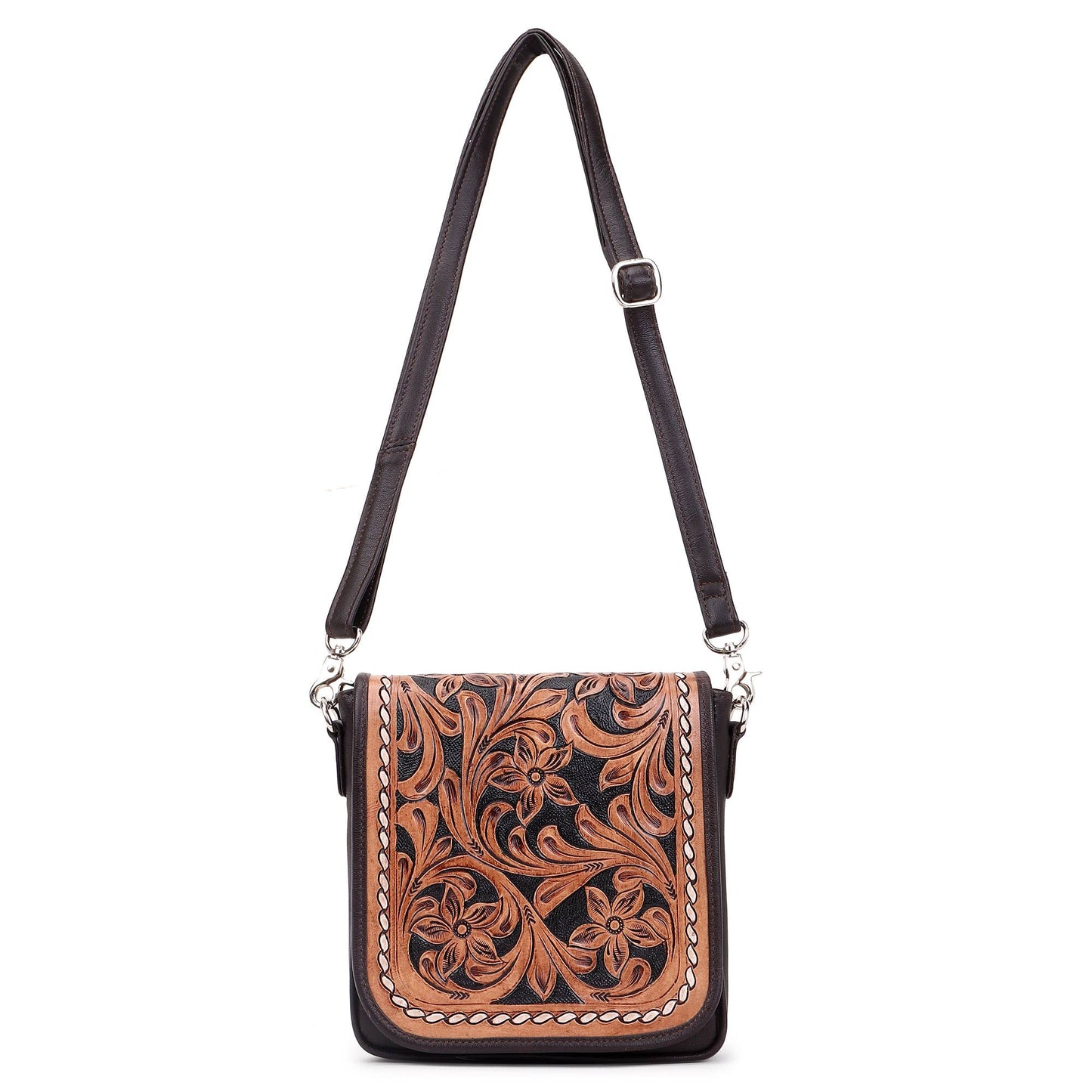 Hummingbird Blooms Leather Tooled Fringed crossbody