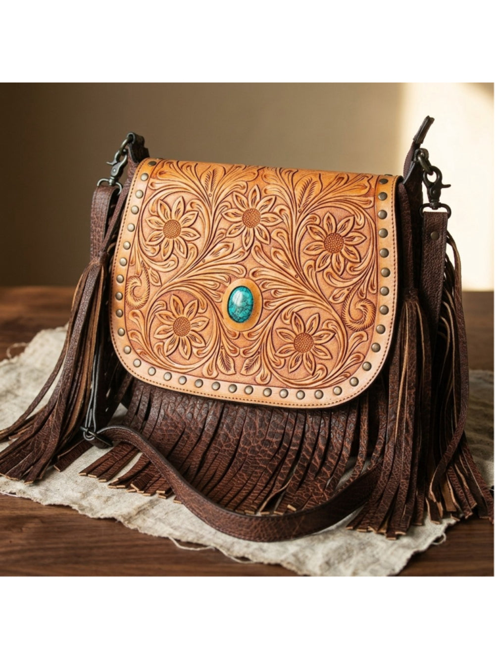 American Darling Western Turquoise Blooms Fringe Crossbody