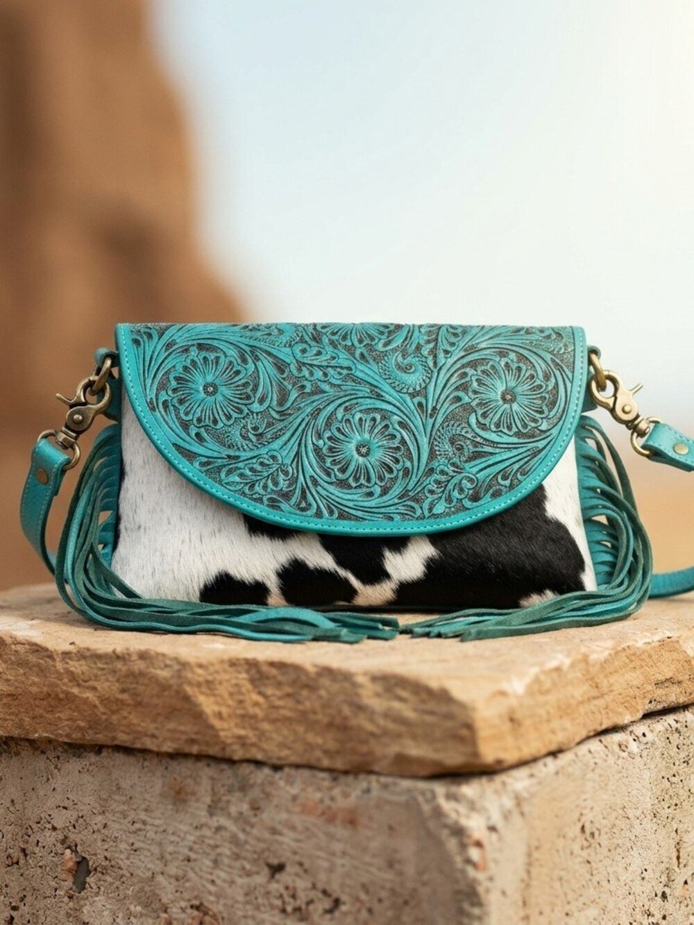 Turquoise Tooled Cowhide Crossbody