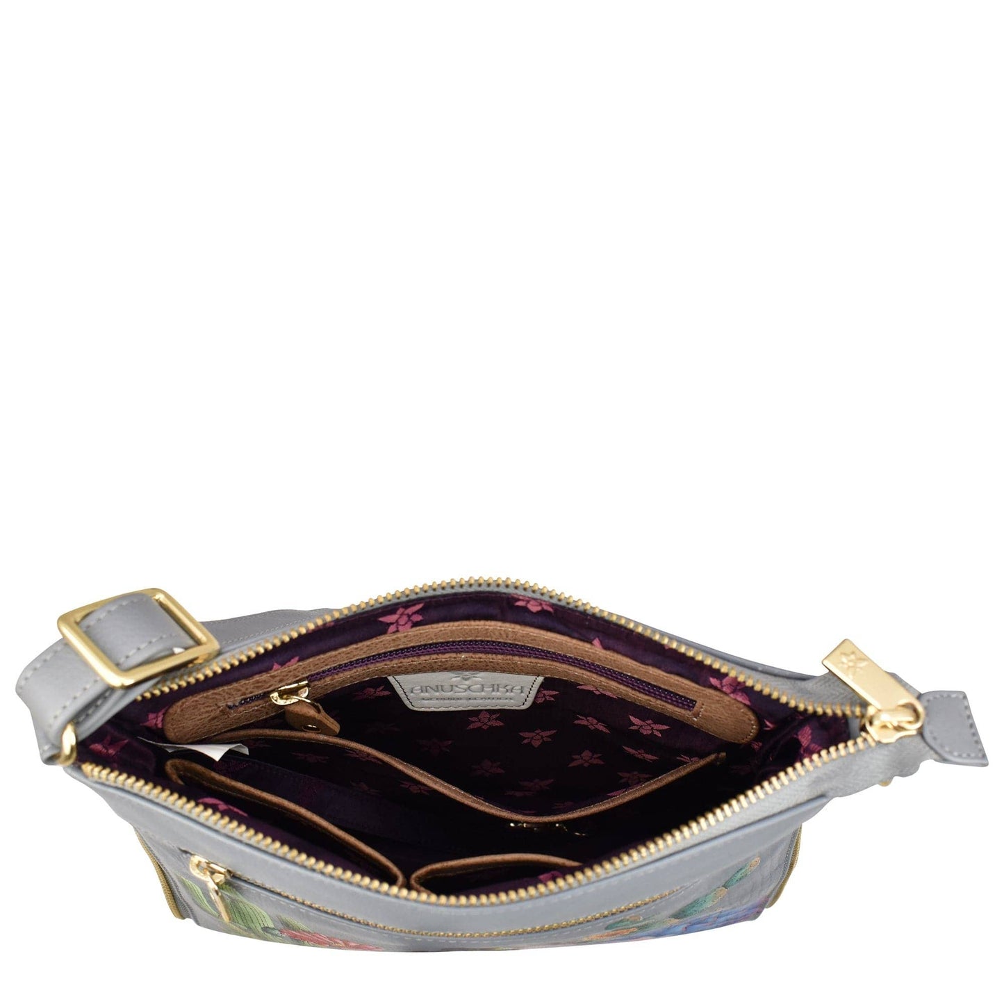 Anuschka Hand-Painted Leather Expandable Travel Crossbody - 550- dusty blue with cactus flowers