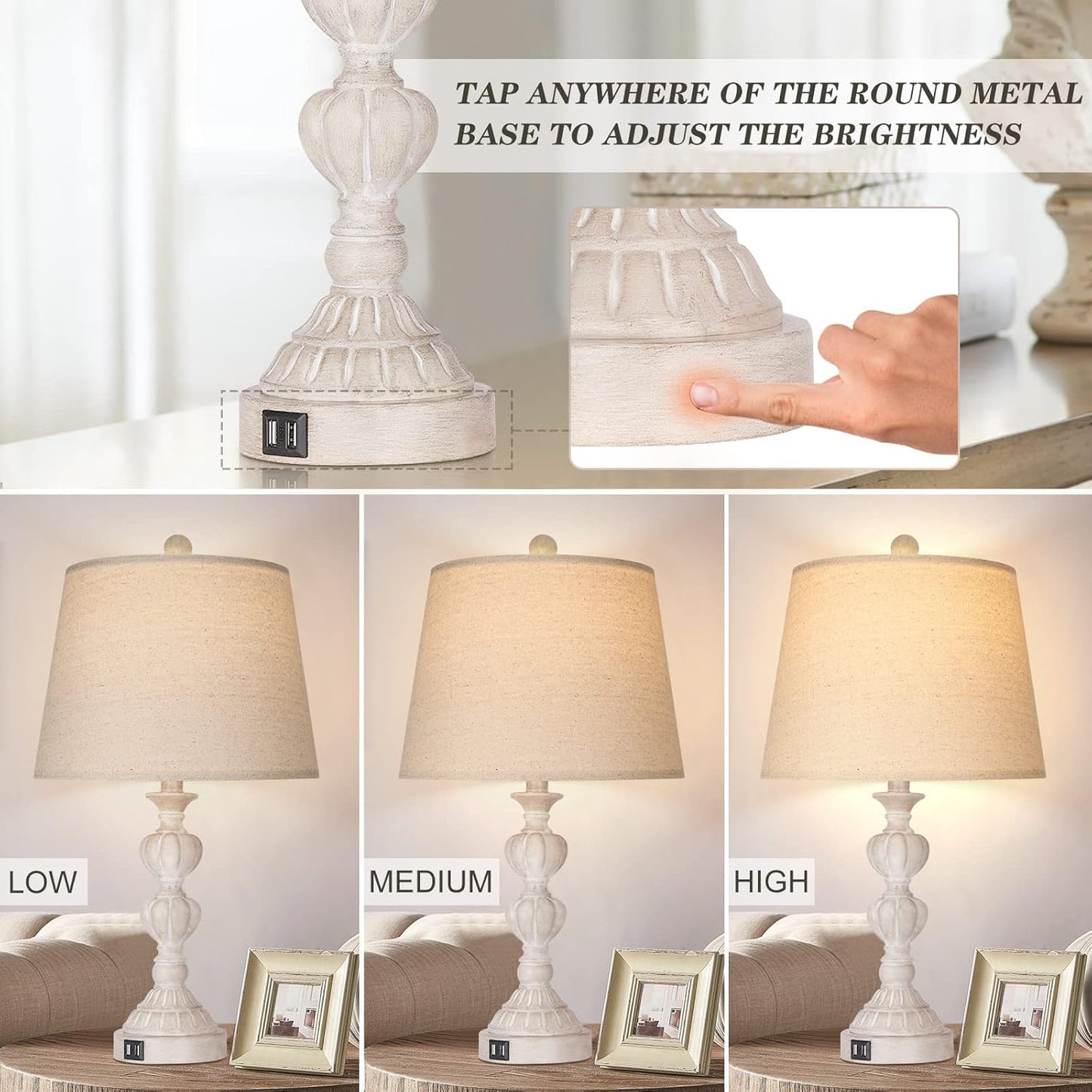 Touch Control Coastal Farmhouse Table Lamp Set Of 2, 3-Way Dimmable Bedside Lamp With 2 USB Charging Ports, French Country Style Nightstand Lamp For Living Room, Bedroom - Washed White