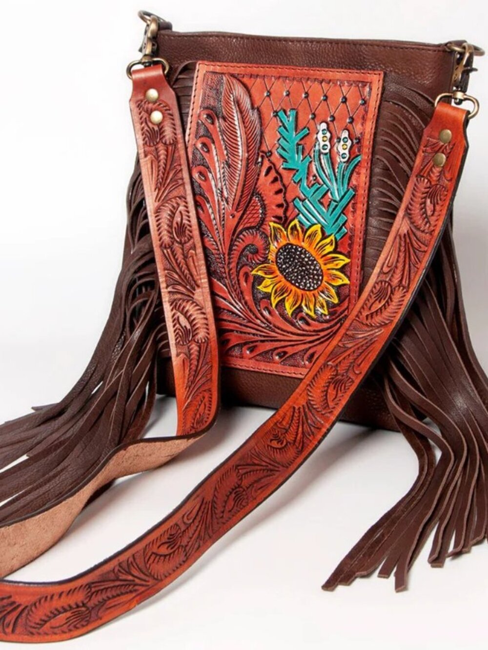 American Darling Sunflowers in the Desert Tooled Fringe Crossbody