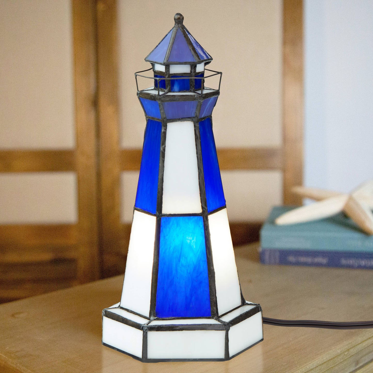 10.4"H Tiffany-Style  Blue & White Stained Glass Lighthouse Accent Lamp