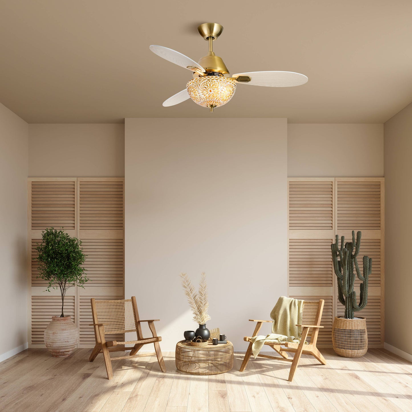 42"W LED Indoor Gold and White Mosaic Glass Ceiling Fan
