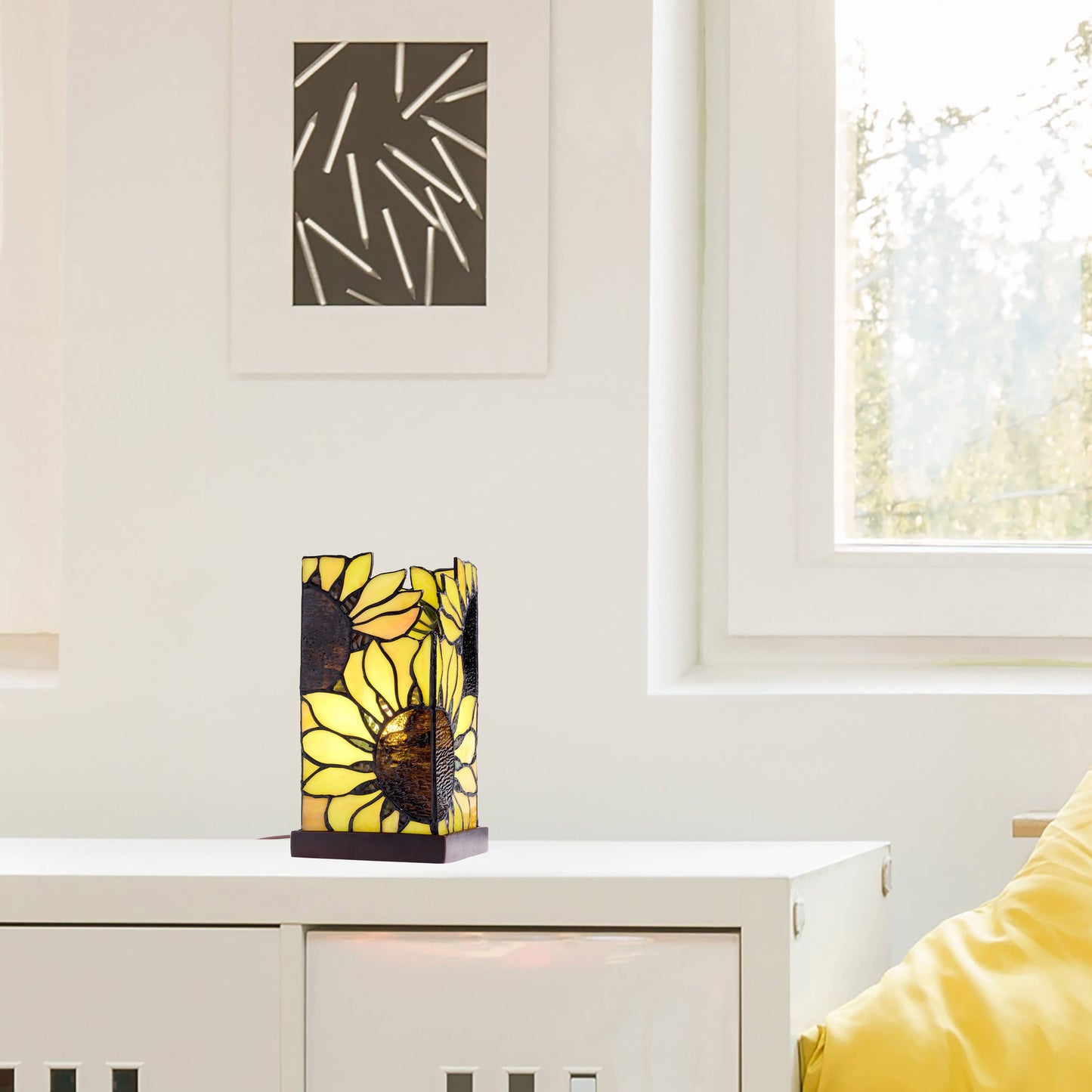 9.75"H Sunflower Rectangle Shade Hurricane stained glass  Accent Lamp