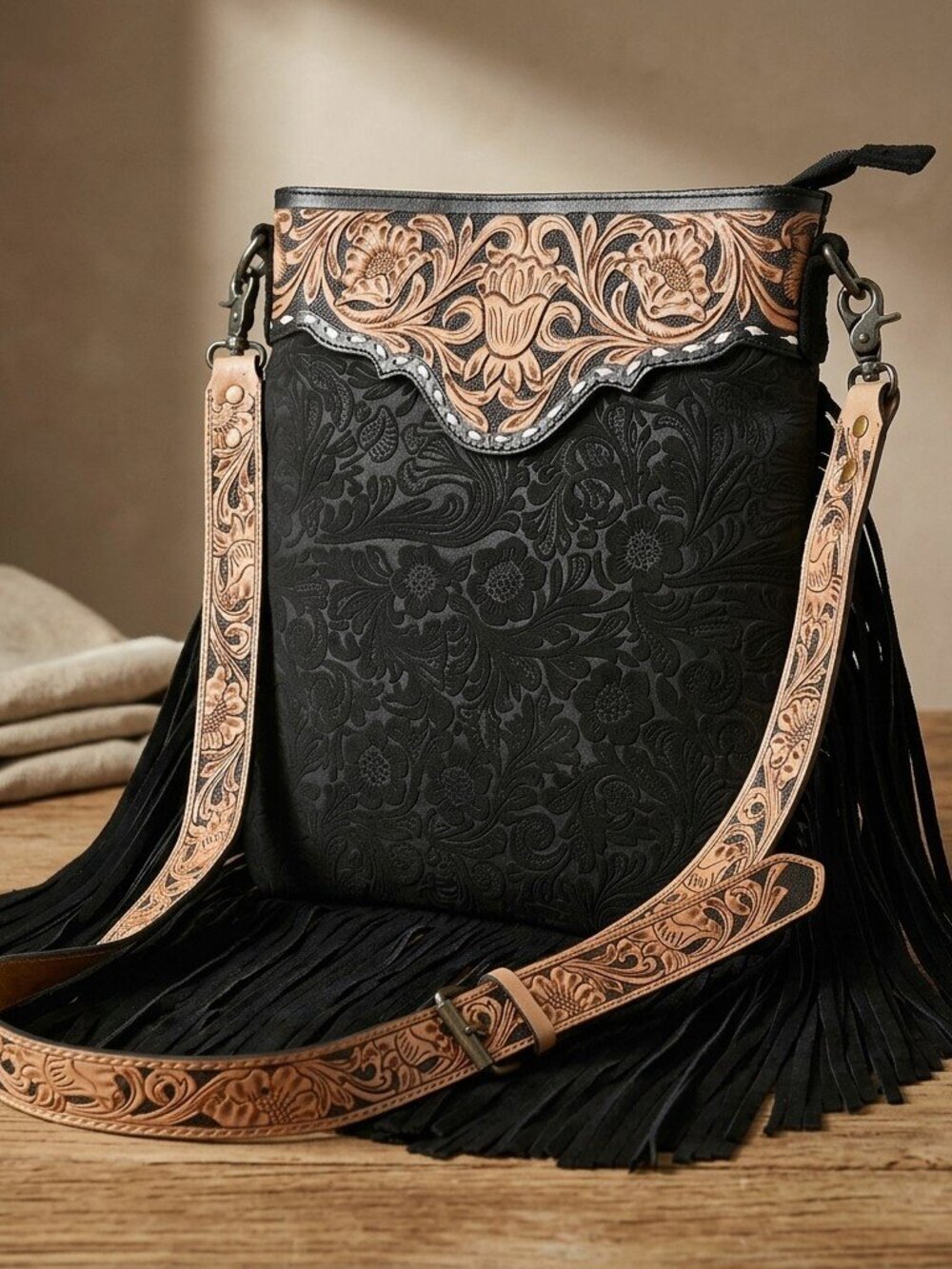 American Darling Western Fringe Tooled Crossbody Bag