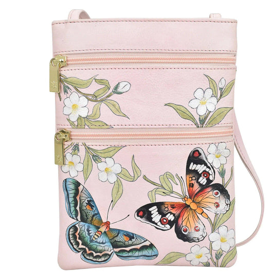 Anuschka Hand-Painted Leather Mini Double Zip Travel Crossbody - 448-dusty pink with butterfly