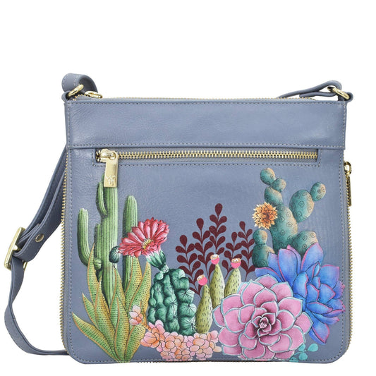 Anuschka Hand-Painted Leather Expandable Travel Crossbody - 550- dusty blue with cactus flowers
