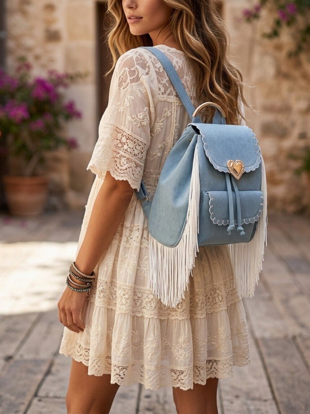 Seaside Sweetheart Fringe Backpack Denim