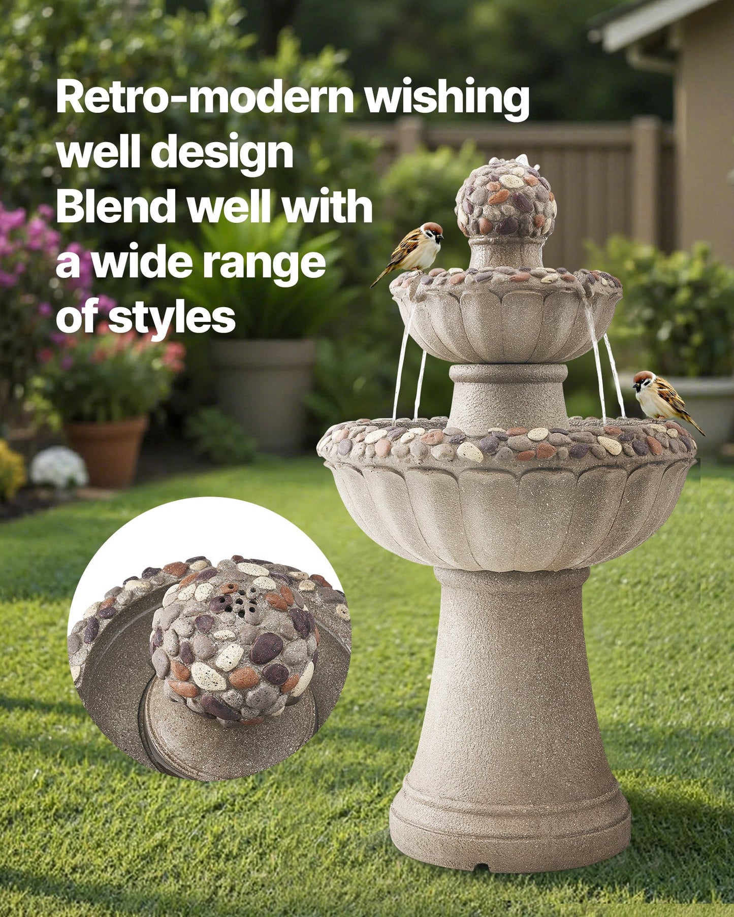 Outdoor Water Fountain 2-Tier Rock Base Style 36.5 In Height Fountains