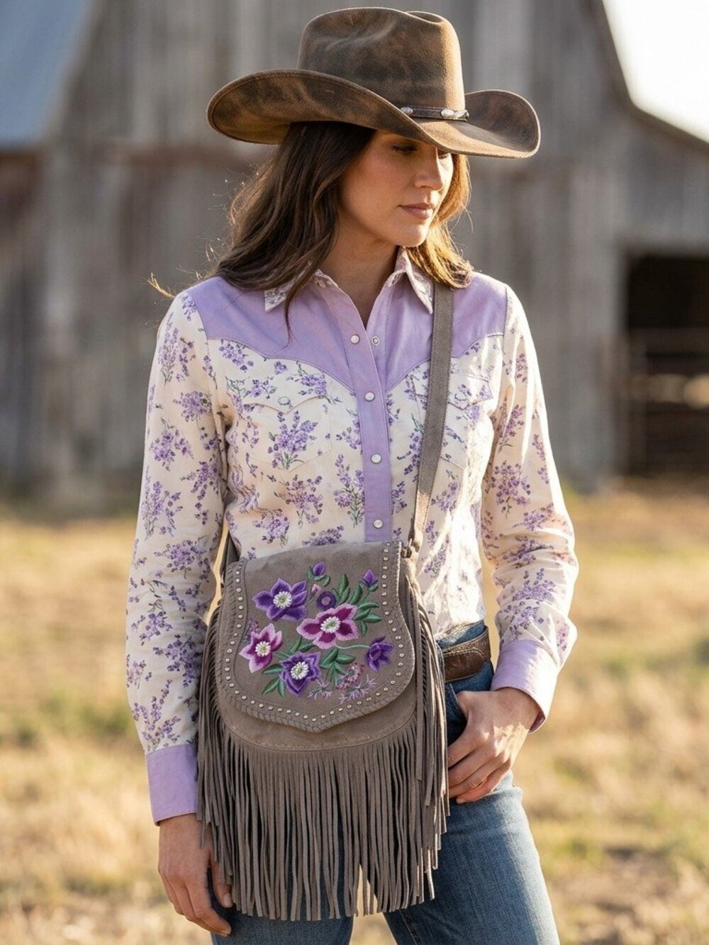 Myra Mojave Meadow Leather Bag in Wild Clay- Boho Lilac Dreams Fringe Crossbody