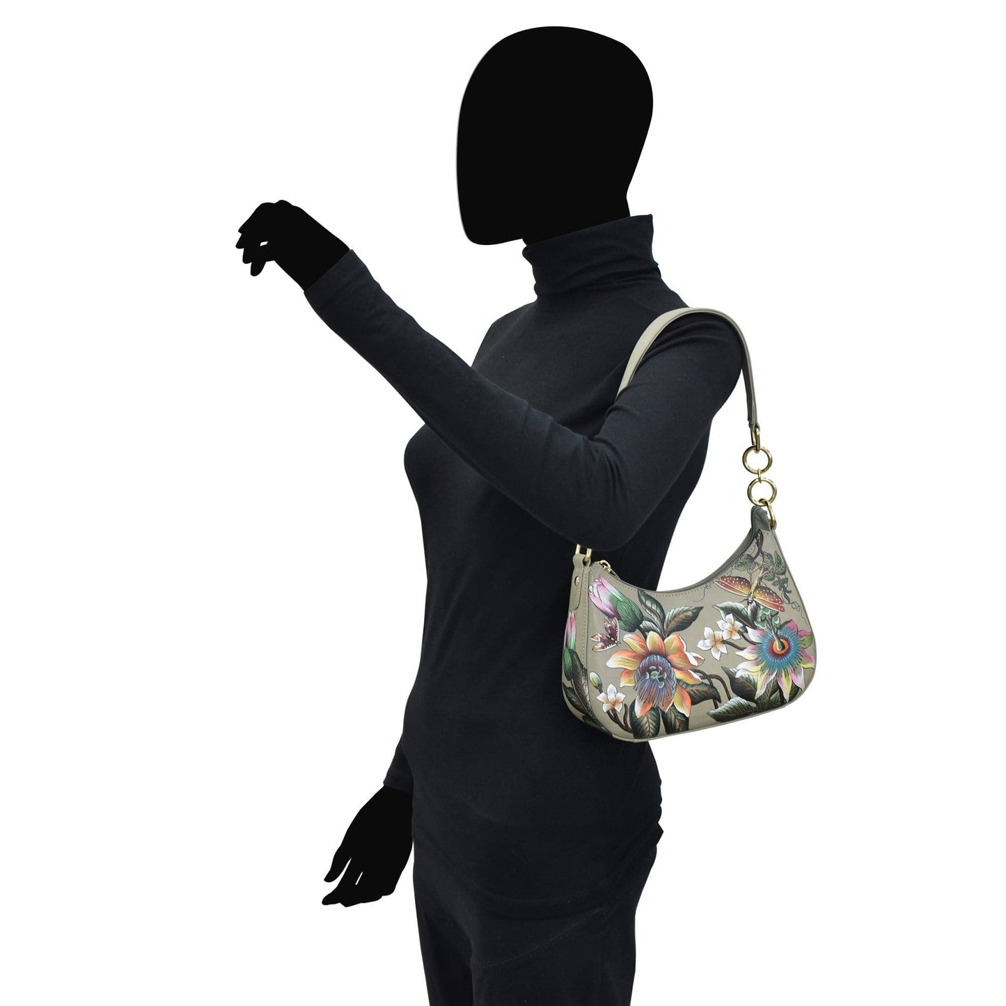 Anuschka Hand-Painted Leather Small Convertible Hobo - 701- olive green floral with dragonfly