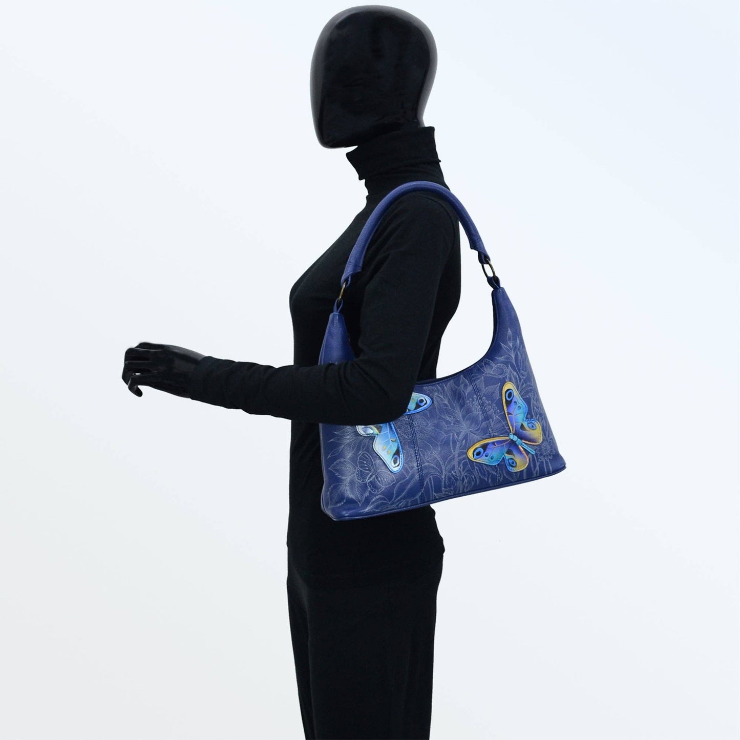 Anuschka Hand-Painted Leather Medium Zip Top Hobo - 371- blue with butterfly