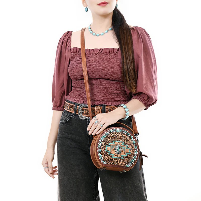 American Darling Western Genuine Leather Hand-Tooled Canteen Crossbody Bag with Buck-Stitched Detailing