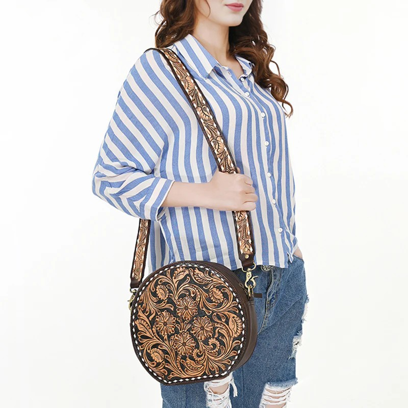 American Darling Canteen Bag Hand Tooled Floral Leather Round Crossbody
