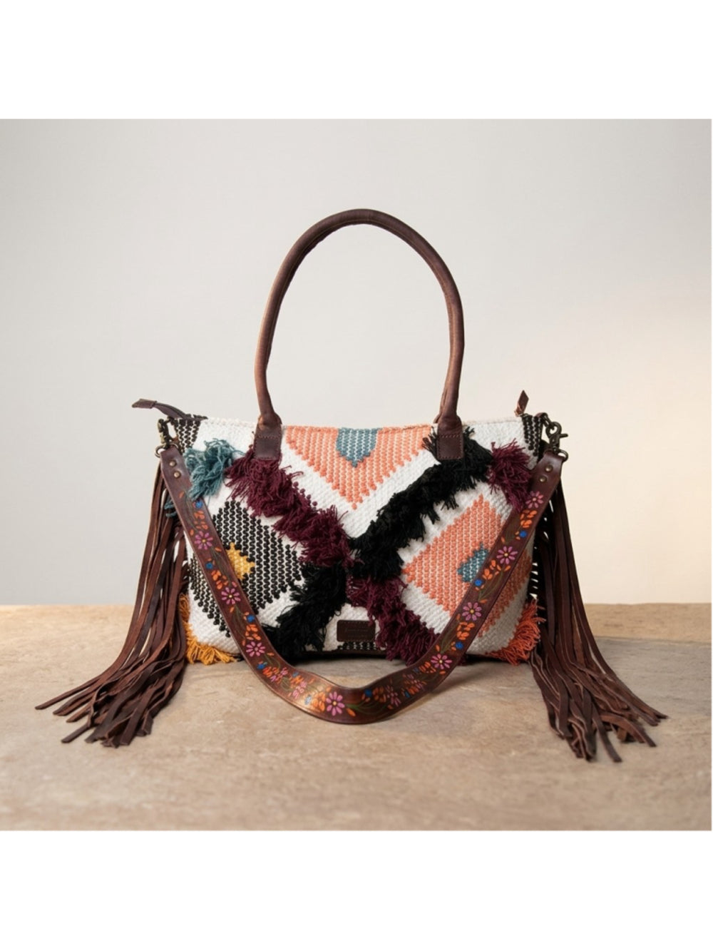American Darling Dark Skys and Sunrise Boho Fringe Embroidered 4 in 1 Satchel