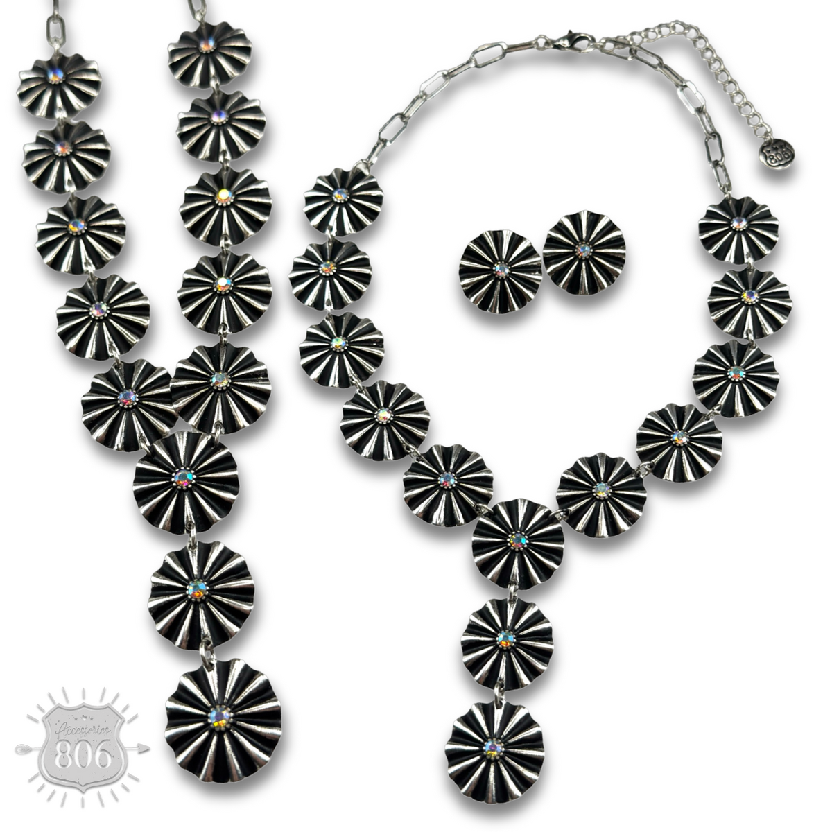 Starburst concho Y with iridescent rhinestones necklace and earring set