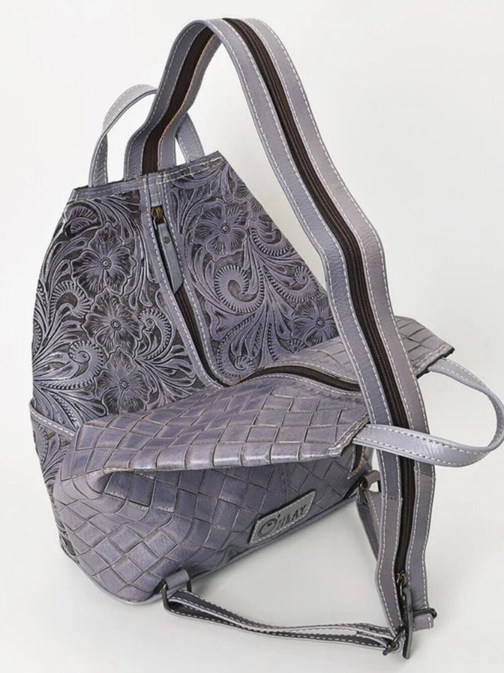 Lilac Embossed Floral Backpack Tote