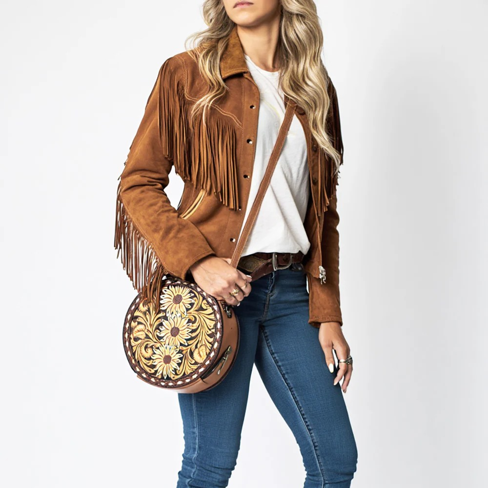 American Darling Western Tooled Leather Crossbody Canteen Bag Floral Carved Floral Inlay