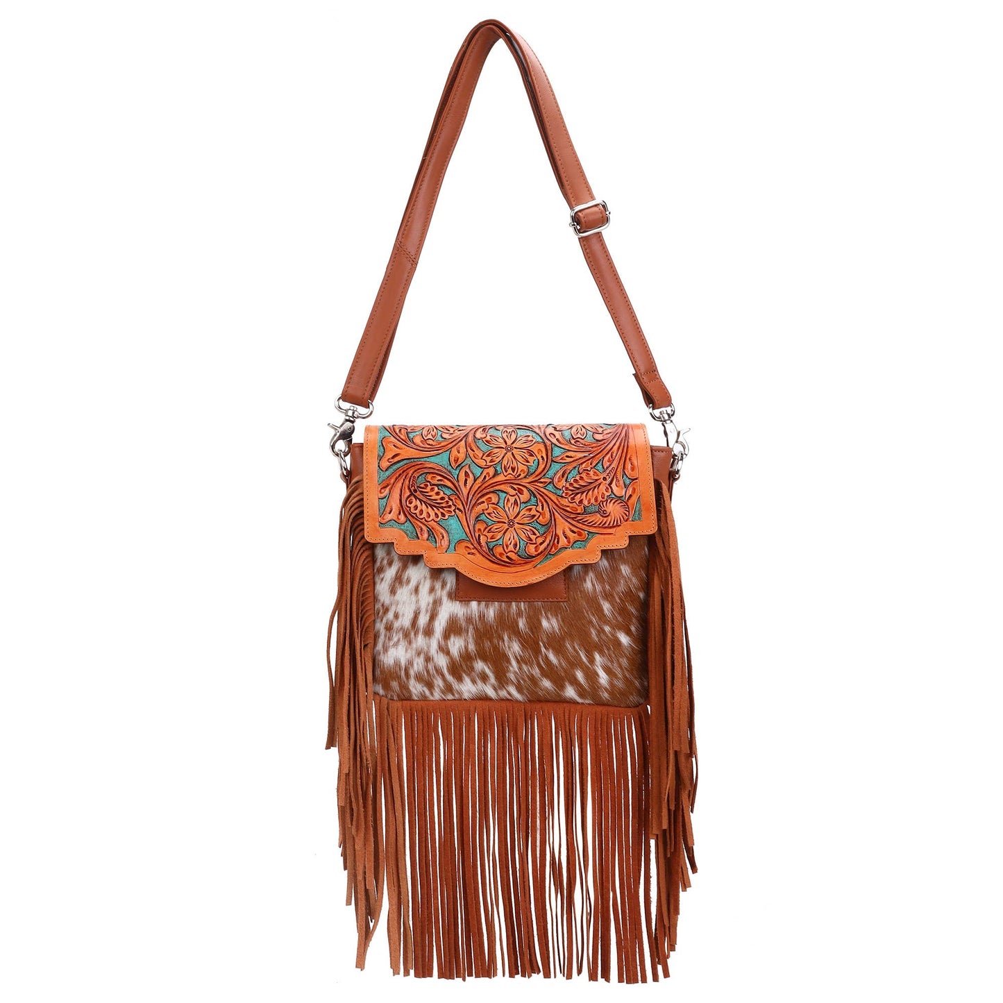 Leather Cowhide Western Hand Tooled Women Crossbody Bag-Brown and white