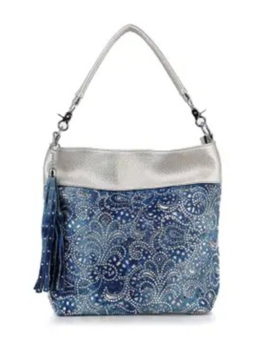 Denim layered Pewter Tassel Hobo Bag with Rhinestones