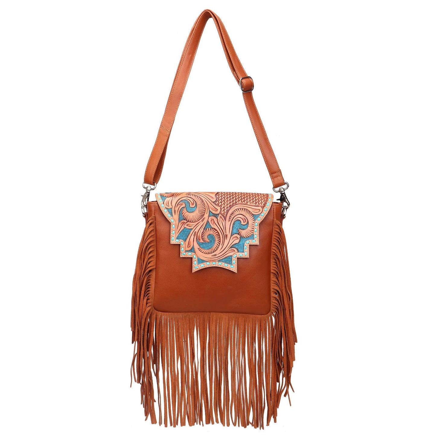 Leather Cowhide Western Hand Tooled Women Crossbody Bag-Brown and white