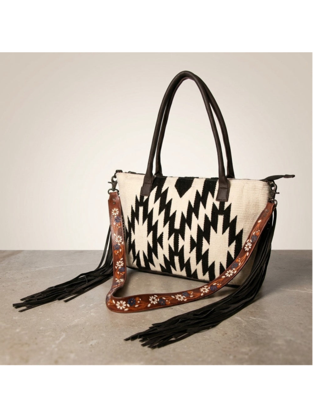 American Darling Boho wild Aztec Fringe Black and white 2 in 1 Satchel Crossbody