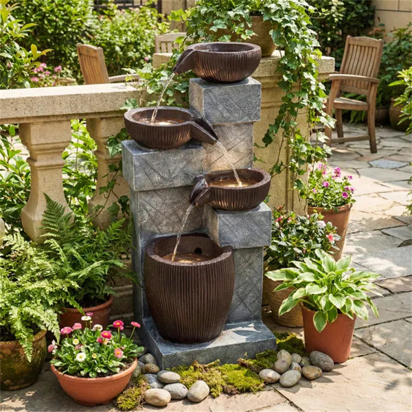 4-Tier Waterfall Fountain With LED Lights, Resin Fiberglass Outdoor Fountain With Adjustable Flow For Garden Patio