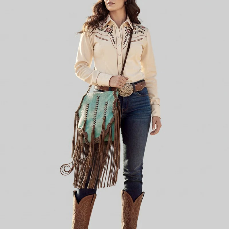American Darling Turquoise & Brown Genuine Leather Fringe Messenger Bag with Braided Detail -Conceal Carry