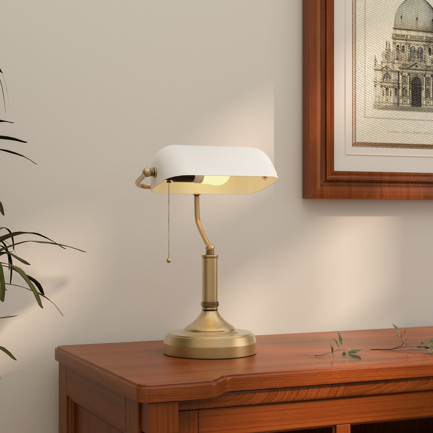 Banker's Desk Lamp With Antique Bronze Tone Base, Table Lamp With White Glass Shade For Home Office, White