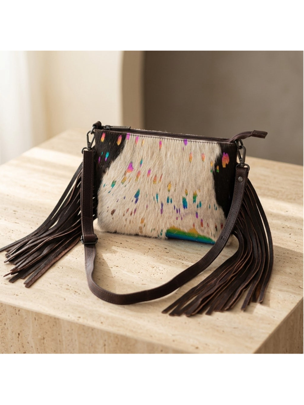 American Darling Cupcake Sprinkle Boho Cowhide Fringe Crossbody